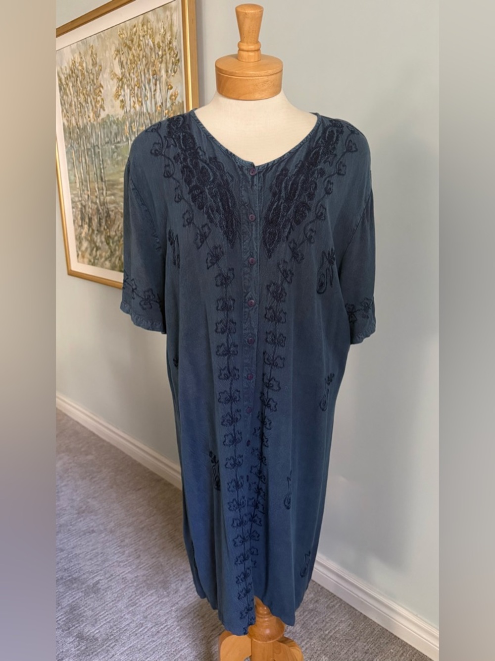 Vintage 90s Boho Embroidered Midi Dress Blue Tie Back Oversized